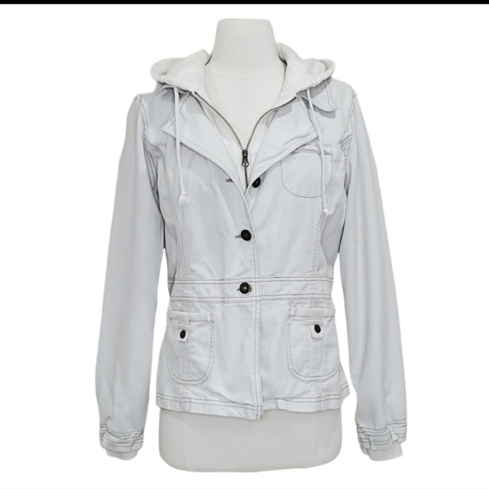 Maurices Faux Double Layered Hooded Cream Jean Utility Blazer Jacket, Large